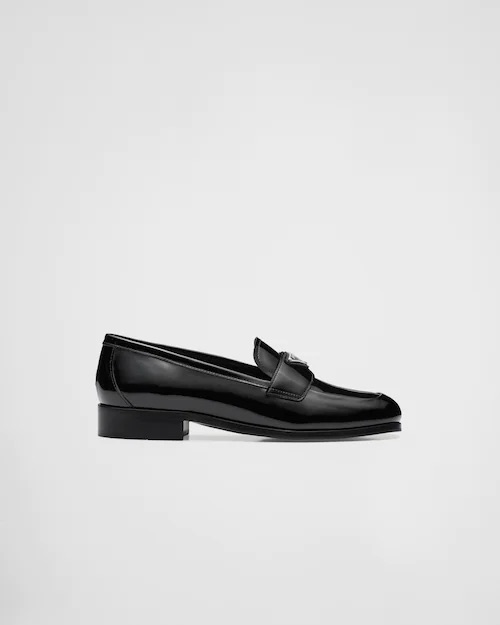 (W) Prada Patent Leather Loafers 'Black Enamel Metal Logo'