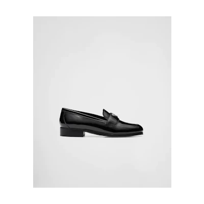(W) Prada Patent Leather Loafers 'Black Enamel Metal Logo'
