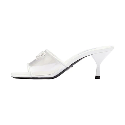 (W) Prada Plexiglas 65mm Mule Sandals White Patent Leather
