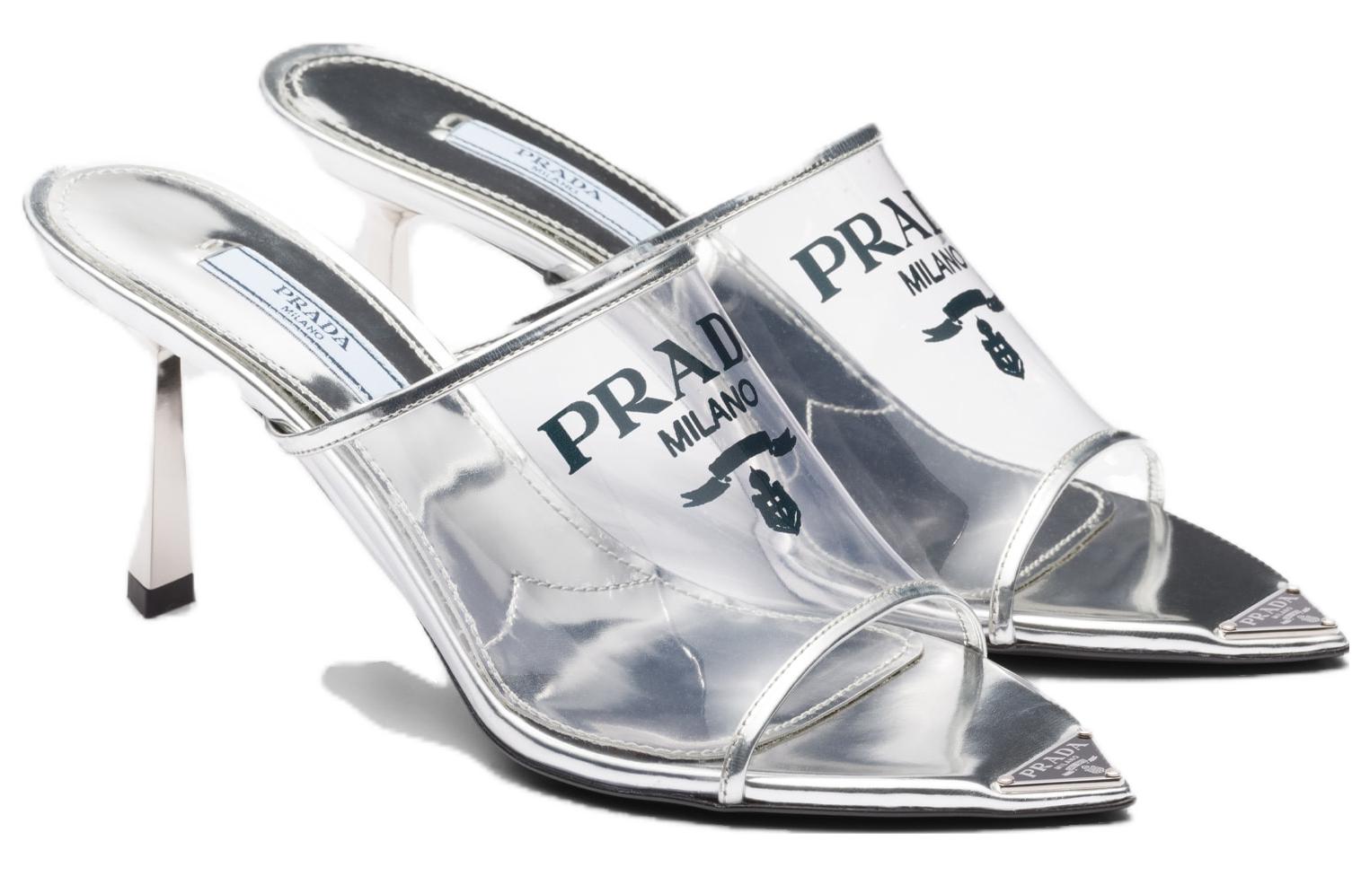 (W) Prada Plexiglas 75mm Pointy High Heels Silver Leather 圖 3