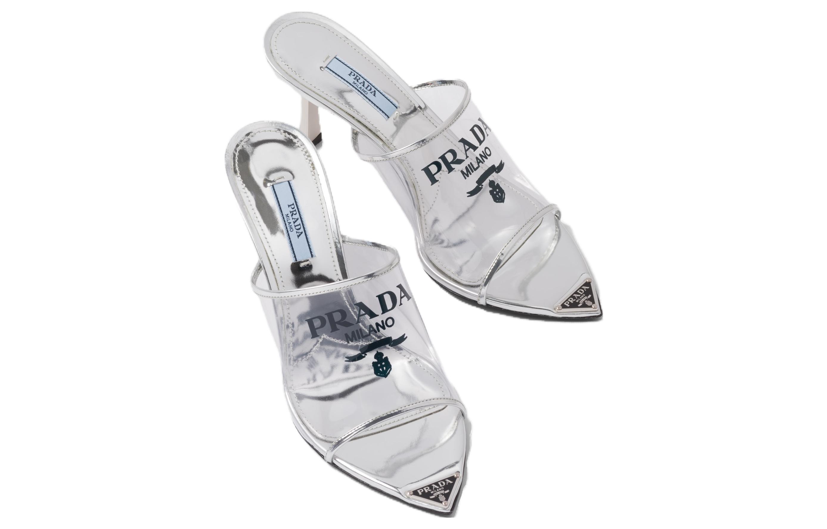 (W) Prada Plexiglas 75mm Pointy High Heels Silver Leather 圖 5