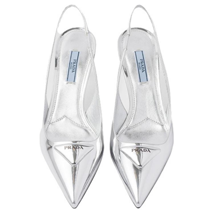 Shop (Women) Prada Pointed-Toe Slingback Stilettos 'Silver Logo' 1I901M_055_F0118_F_055