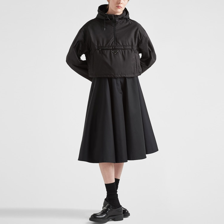 Shop (Women) Prada Re-Nylon SS23 Black Half-Zip Hooded Jacket with Triangle Logo 29Z097-1WQ9-F0002-S-231