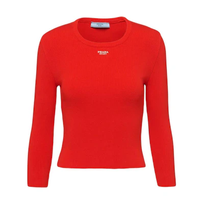 (Women) PRADA Red Solid Logo Embroidered Ribbed Knit T-Shirt SS23 P24V1P-126Q-F0D17