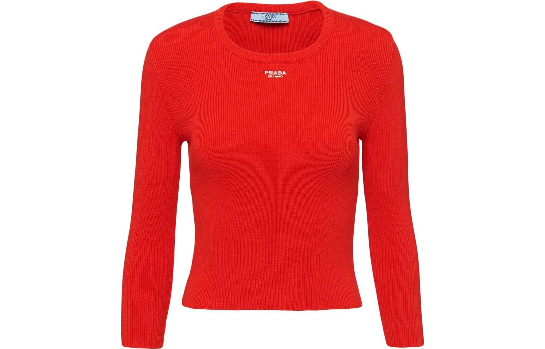 (Women) PRADA Red Solid Logo Embroidered Ribbed Knit T-Shirt SS23 P24V1P-126Q-F0D17 圖 2