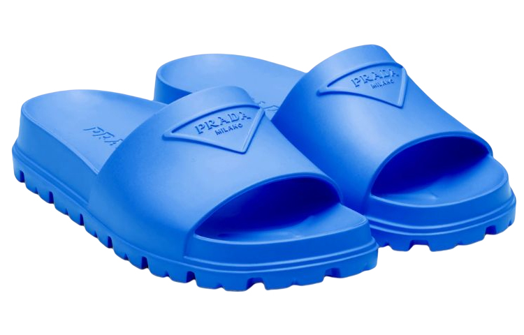 Shop PRADA 普拉達 徽標橡膠拖鞋 女款 藍色