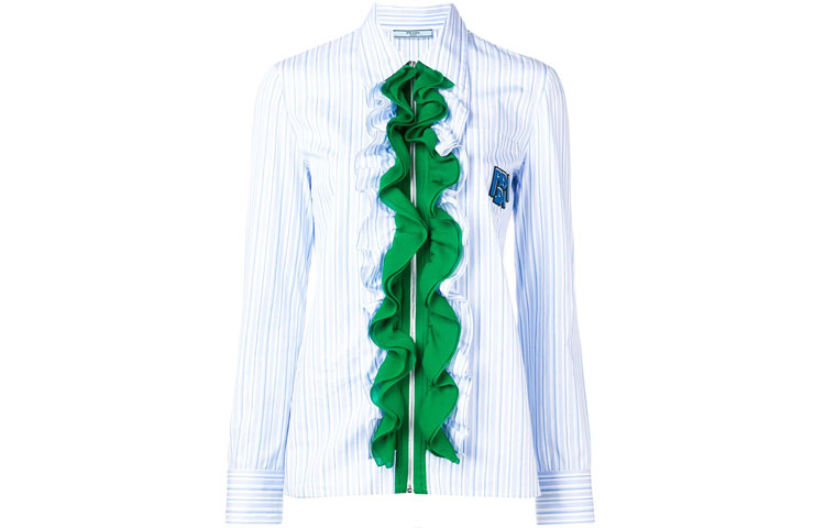 (Women) PRADA Ruffled Zip Long Sleeve Striped Sun Protection Shirt - Blue P496CS1911TD8-F0RNN