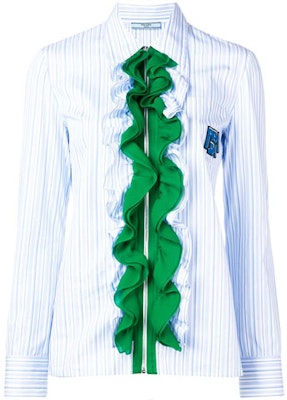 (Women) PRADA Ruffled Zip Long Sleeve Striped Sun Protection Shirt - Blue P496CS1911TD8-F0RNN Order (Women) PRADA Ruffled Zip Long Sleeve Striped Sun Protection Shirt - Blue P496CS1911TD8-F0RNN