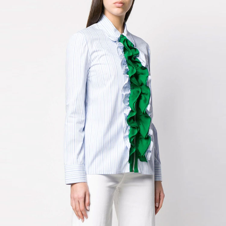 Shop (W) プラダ フリル付きジップ 長袖 ストライプ紫外線カットシャツ - ブルー P496CS1911TD8-F0RNN