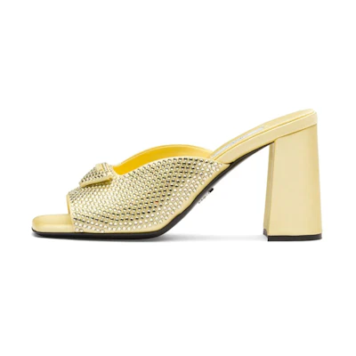 (W) Prada Satin Crystal Studded Chunky Heel Mule 'Yellow Fashion Sandal'