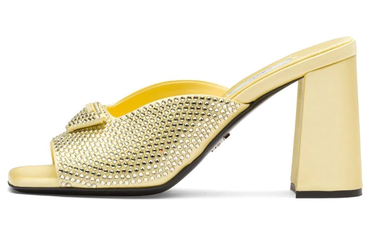 (Women) Prada Satin Crystal Studded Chunky Heel Mule 'Yellow Fashion Sandal' 1XX642_2AWL_F068X_F085