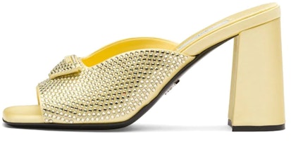 (Women) Prada Satin Crystal Studded Chunky Heel Mule 'Yellow Fashion Sandal' 1XX642_2AWL_F068X_F085 (Women) Prada Satin Crystal Studded Chunky Heel Mule 'Yellow Fashion Sandal' 1XX642_2AWL_F068X_F085