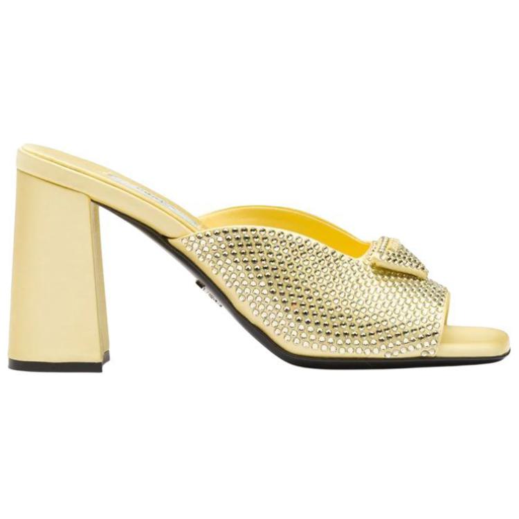 Order (W) Prada Satin Kristallbesetzte Chunky Heel Mule ''Gelber Modesandale'' 1XX642_2AWL_F068X_F085