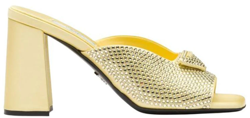 (W) Prada Satin Kristallbesetzte Chunky Heel Mule ''Gelber Modesandale'' 1XX642_2AWL_F068X_F085 Order (W) Prada Satin Kristallbesetzte Chunky Heel Mule ''Gelber Modesandale'' 1XX642_2AWL_F068X_F085