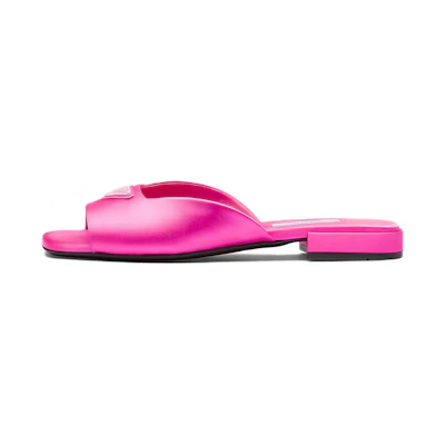 (W) Prada Satin Flat Sandals 'Pink Enamel Triangle Logo'