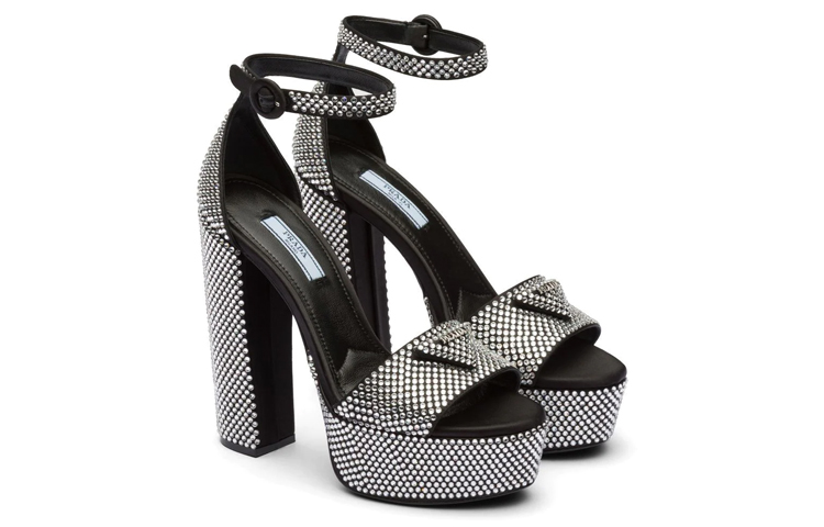 Shop (W) Prada Satin Plateau Sandalen ''Crystal Zilver-Zwart'' 1XP53B_2AWL_F0T70_F_135