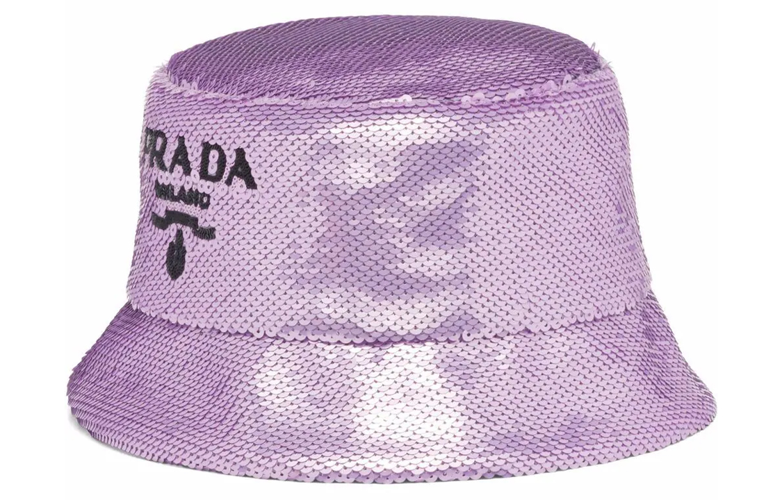 (Women) PRADA Sequin Bucket Hat Women’s Purple with Logo Detail. 1HC1372D0G