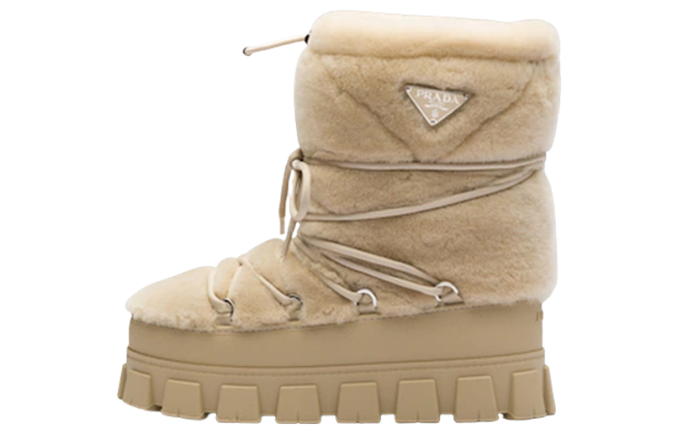 (Women) Prada Sheepskin Lace-Up Thick-Soled Ankle Snow Boots 'Beige' 1U032N_173_F0379_F_040