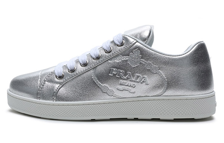 (W) Prada Sneakers 'Silver Leather Lace-Up'
