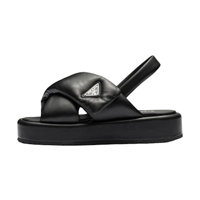(W) Prada Soft Padded 35mm Wedge Sandals Black Nappa Leather