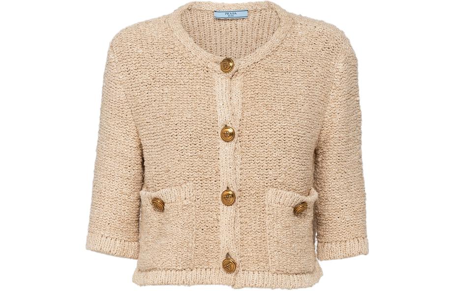 (Women) PRADA Solid Color Short Sleeve Knitted Cardigan Women’s Khaki. P25L72-12ZD-F0018-S-231