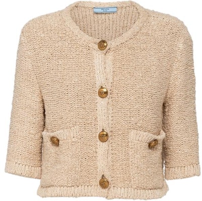 (W) PRADA Kardigan Rajut Lengan Pendek Wanita Warna Khaki. P25L72-12ZD-F0018-S-231 Order (W) PRADA Kardigan Rajut Lengan Pendek Wanita Warna Khaki. P25L72-12ZD-F0018-S-231