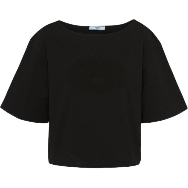 (Women) PRADA Solid Textured Crew Neck Cropped T-Shirt SS24 Oversized Black  Tee 3546B-14LQ-F0002-S-OOO