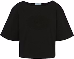 (Women) PRADA Solid Textured Crew Neck Cropped T-Shirt SS24 Oversized Black Tee 3546B-14LQ-F0002-S-OOO (Women) PRADA Solid Textured Crew Neck Cropped T-Shirt SS24 Oversized Black Tee 3546B-14LQ-F0002-S-OOO