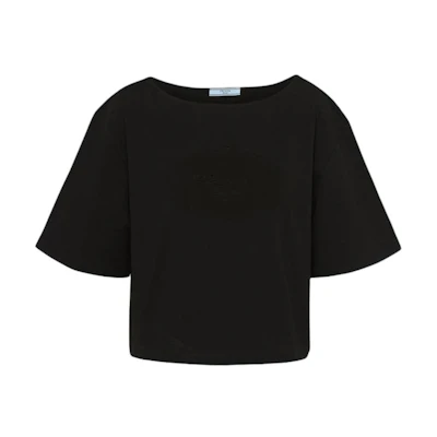 (Women) PRADA Solid Textured Crew Neck Cropped T-Shirt SS24 Oversized Black Tee 3546B-14LQ-F0002-S-OOO