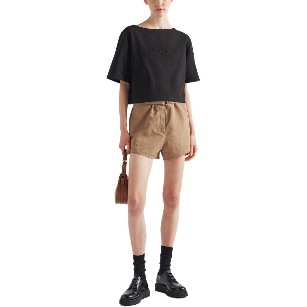 Lookbook (W) Camiseta Negra Oversize Prada Texturizada SS24 Cuello Redondo Cropped. 3546B-14LQ-F0002-S-OOO