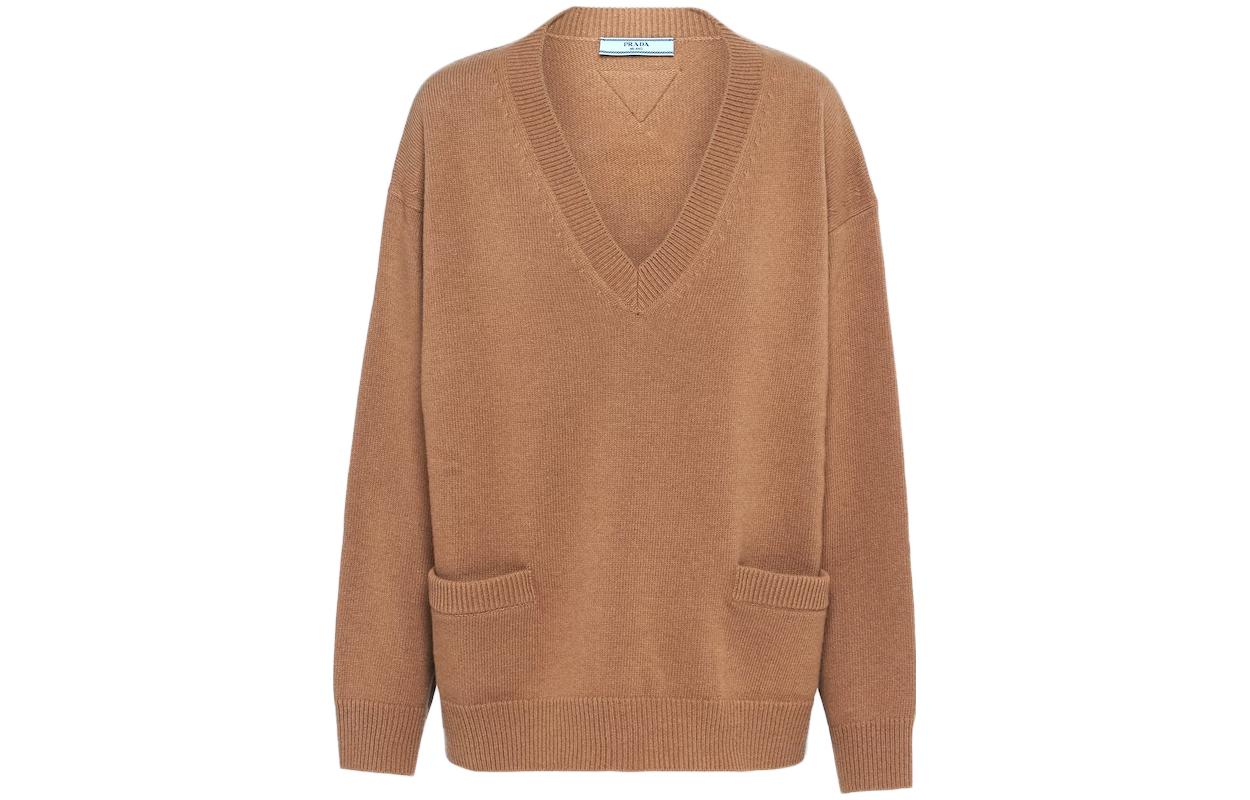 (Women) PRADA Solid V-Neck Loose Fit Long Sleeve Sweater Brown Ladies P24B2H-13Q6-F0040-S-232 圖 2