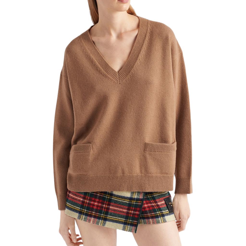 (Women) PRADA Solid V-Neck Loose Fit Long Sleeve Sweater Brown Ladies P24B2H-13Q6-F0040-S-232 圖 4