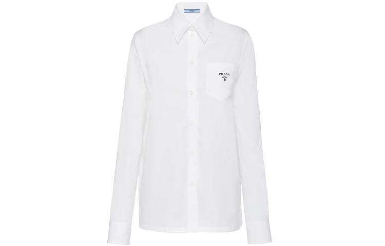 (Women) PRADA SS21 White Long-Sleeve Loose Fit Logo Pocket Sunscreen Shirt. P408FN-1ZJQ-F0009-S-211