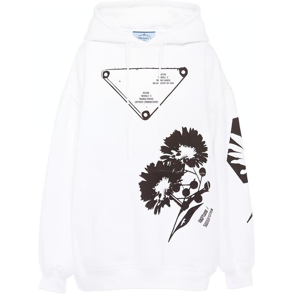 (Women) PRADA SS21 White Printed Drawstring Long-Sleeve Hoodie 134621-1YTP-F0964