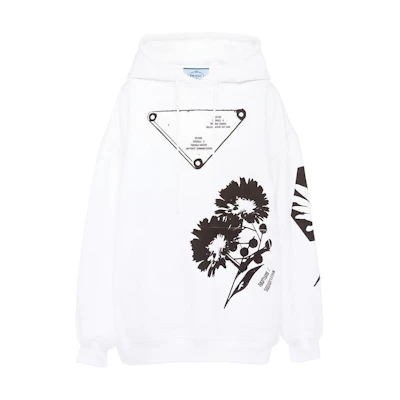 (Women) PRADA SS21 White Printed Drawstring Long-Sleeve Hoodie 134621-1YTP-F0964
