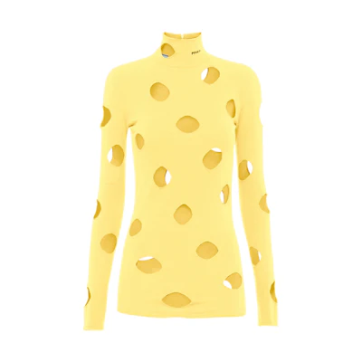 (Women) PRADA SS21 Yellow High Neck Long Sleeve Hollow Knit Sweater P26401-1YRO-F065Y-S-211