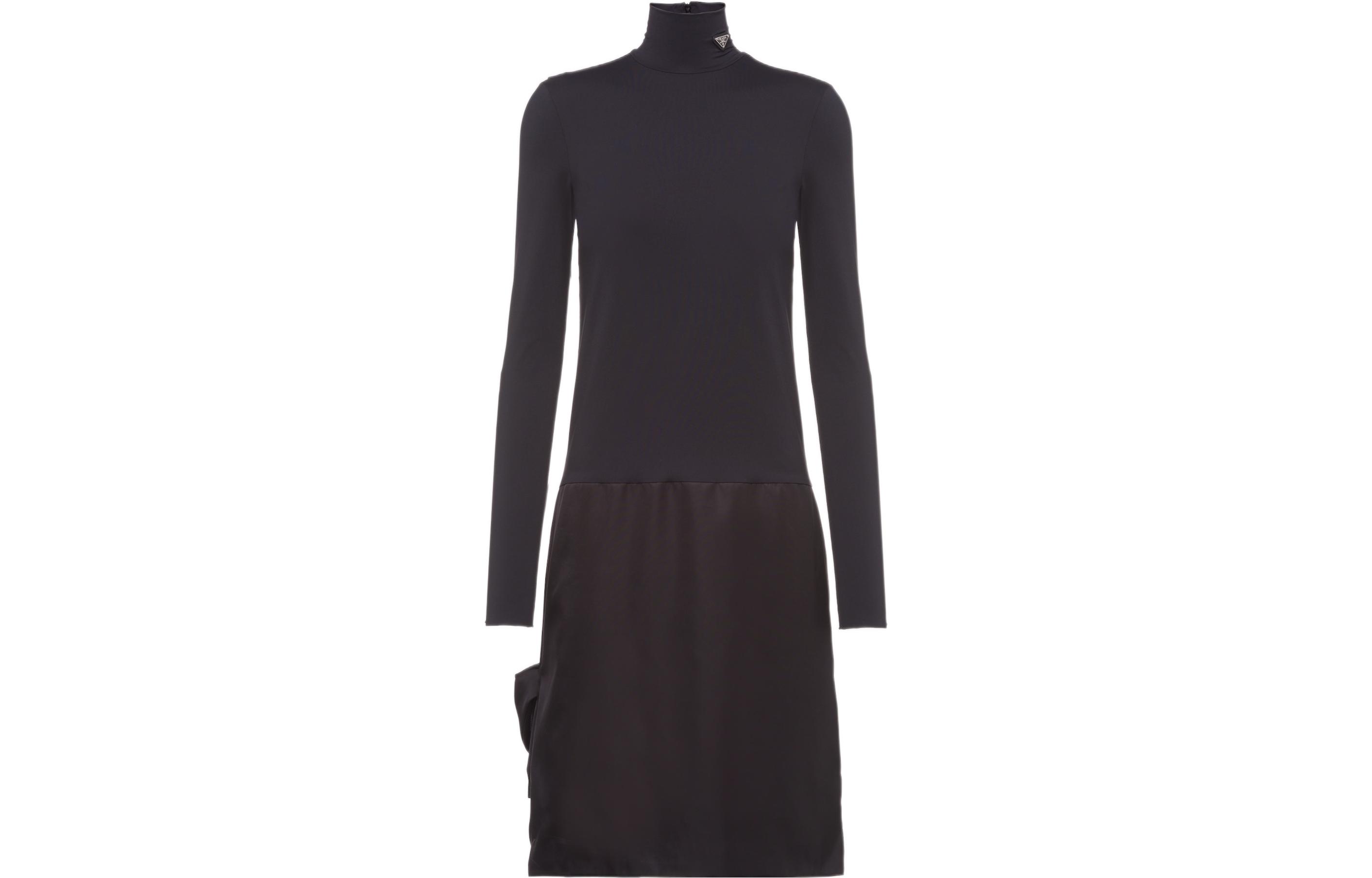 (Women) PRADA SS22  Black Long-Sleeve Midi Dress with Logo Stand Collar. 230661-1YW4-F0806-S-211