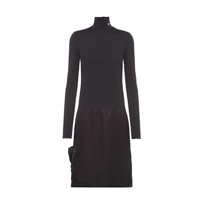 (Women) PRADA SS22 Black Long-Sleeve Midi Dress with Logo Stand Collar. 230661-1YW4-F0806-S-211