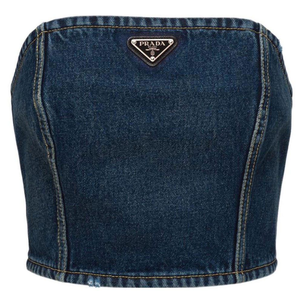 (Women) PRADA SS22  Blue Denim Logo Bralette Top. GFT016-10UJ-F0008-S-212