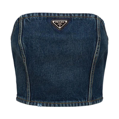(Women) PRADA SS22 Blue Denim Logo Bralette Top. GFT016-10UJ-F0008-S-212