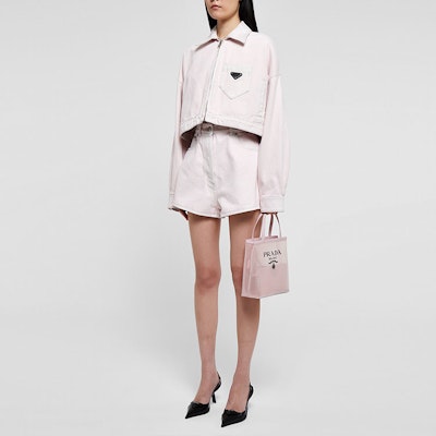 (Women) PRADA SS22 Pink Short Zip Jacket with Triangle Logo. GFB279-10H7-F0T08 Lookbook (Women) PRADA SS22 Pink Short Zip Jacket with Triangle Logo. GFB279-10H7-F0T08