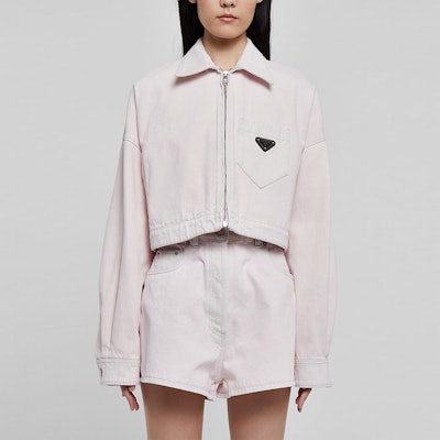 (Women) PRADA SS22 Pink Short Zip Jacket with Triangle Logo. GFB279-10H7-F0T08 Shop (Women) PRADA SS22 Pink Short Zip Jacket with Triangle Logo. GFB279-10H7-F0T08