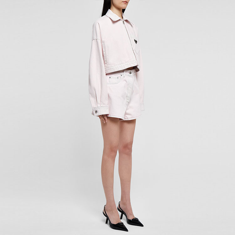 Details for (Women) PRADA SS22  Pink Short Zip Jacket with Triangle Logo. GFB279-10H7-F0T08