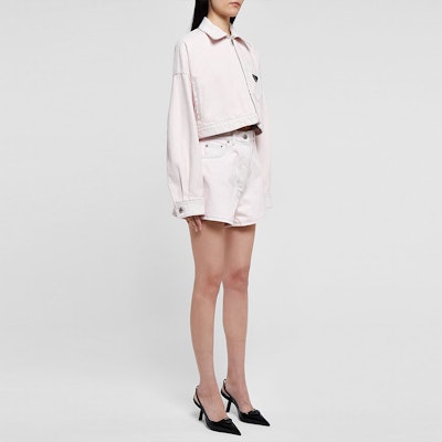 (Women) PRADA SS22 Pink Short Zip Jacket with Triangle Logo. GFB279-10H7-F0T08 Details for (Women) PRADA SS22 Pink Short Zip Jacket with Triangle Logo. GFB279-10H7-F0T08