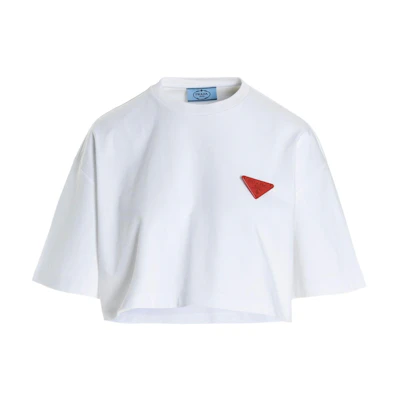 (Women) PRADA SS22 White Logo Crew Neck Short Sleeve T-Shirt 3560A-10UP-F0009-S-212