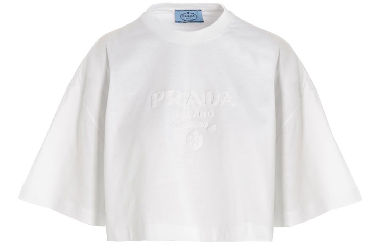 (Women) PRADA SS22  White Logo Print Short Sleeve Crew Neck T-Shirt 3560AR-10IN-F0009