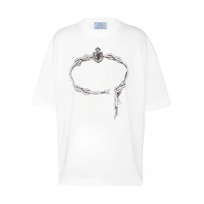 (Women) PRADA SS22 White Printed Loose Fit Crew Neck Casual T-Shirt 3558A-10M0-F0009-S-211