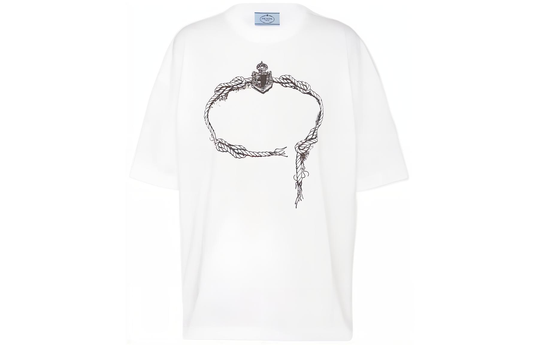 Order (W) PRADA SS22 Camiseta Casual Blanca Estampada Cuello Redondo Holgada. 3558A-10M0-F0009-S-211
