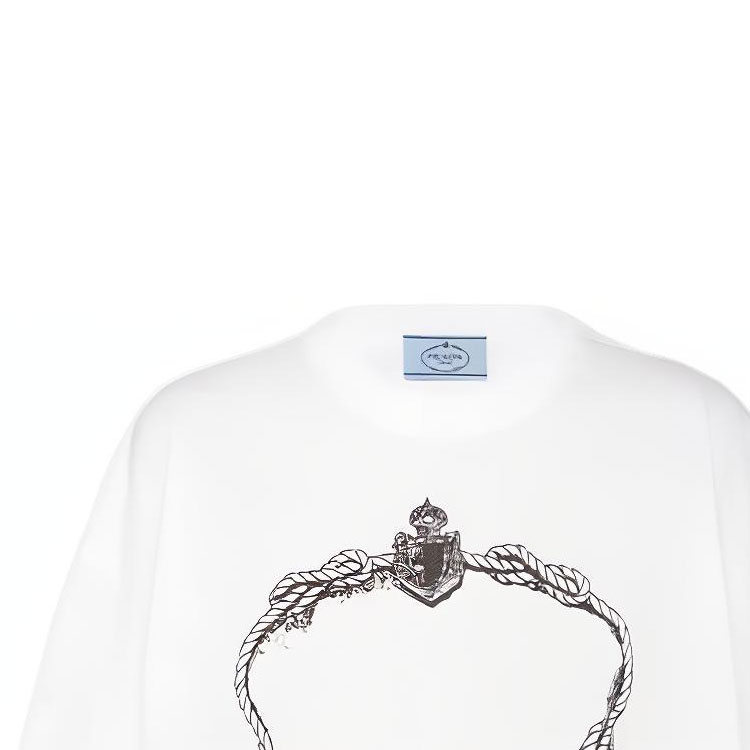 Cheap (W) PRADA SS22 Camiseta Casual Blanca Estampada Cuello Redondo Holgada. 3558A-10M0-F0009-S-211