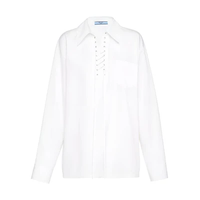 (Women) PRADA SS22 White Solid Color Tie-Up Front Sun-Protective Shirt. P983I-1XV2-F0009-S-221